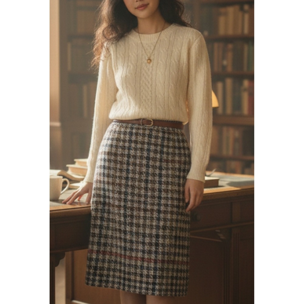 Vtg Pierre D'Alby Paris Wool Houndstooth Skirt Made in France Academia  US Small